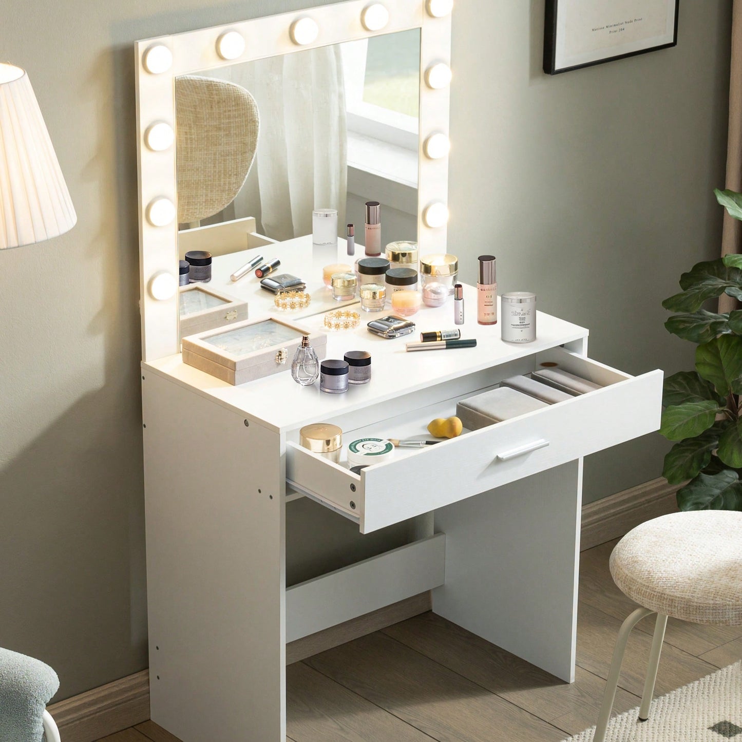 Elegant Vanity Desk With Adjustable Brightness Mirror And Lights, Spacious Dressing Table With Large Drawer And Multi-Level Storage