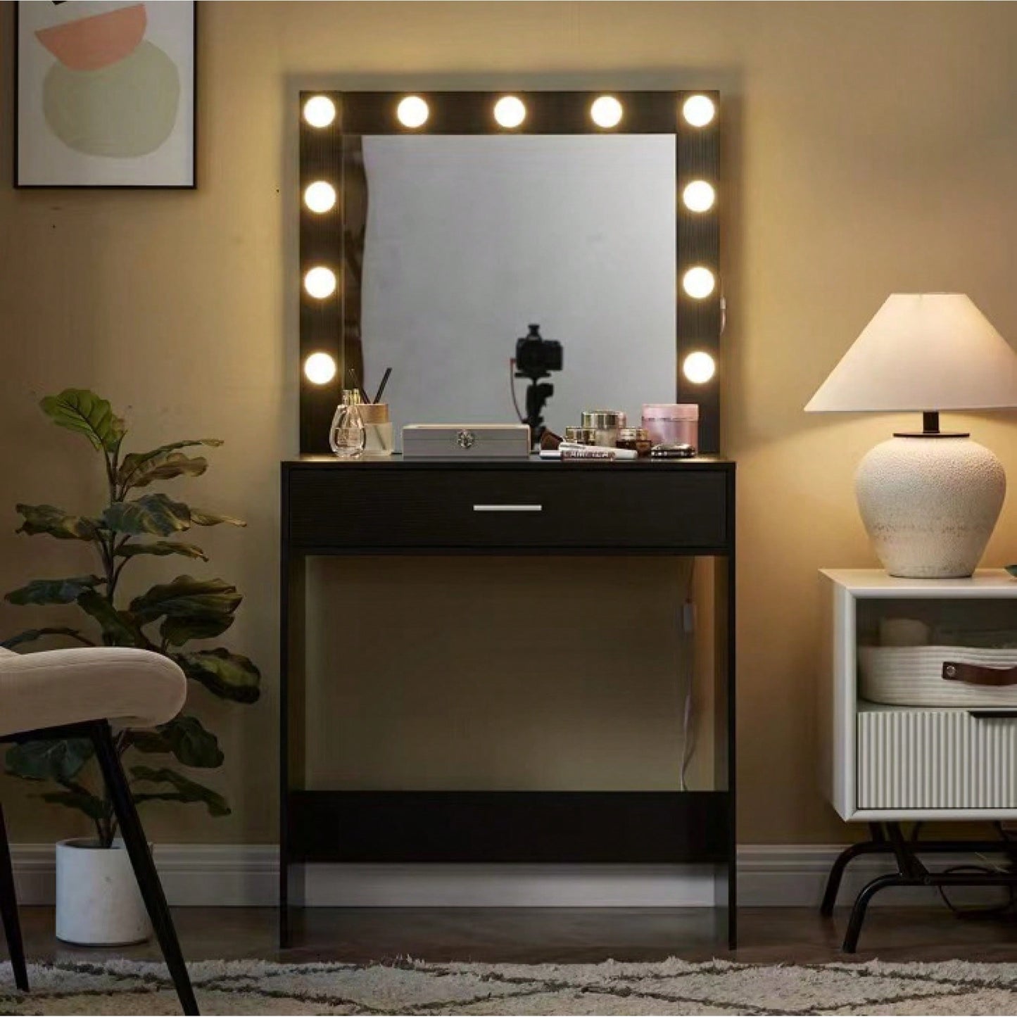 Elegant Vanity Desk With Adjustable Brightness Mirror And Lights, Spacious Dressing Table With Large Drawer And Multi-Level Storage