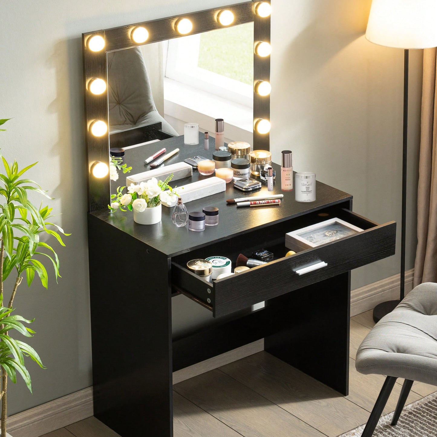 Elegant Vanity Desk With Adjustable Brightness Mirror And Lights, Spacious Dressing Table With Large Drawer And Multi-Level Storage