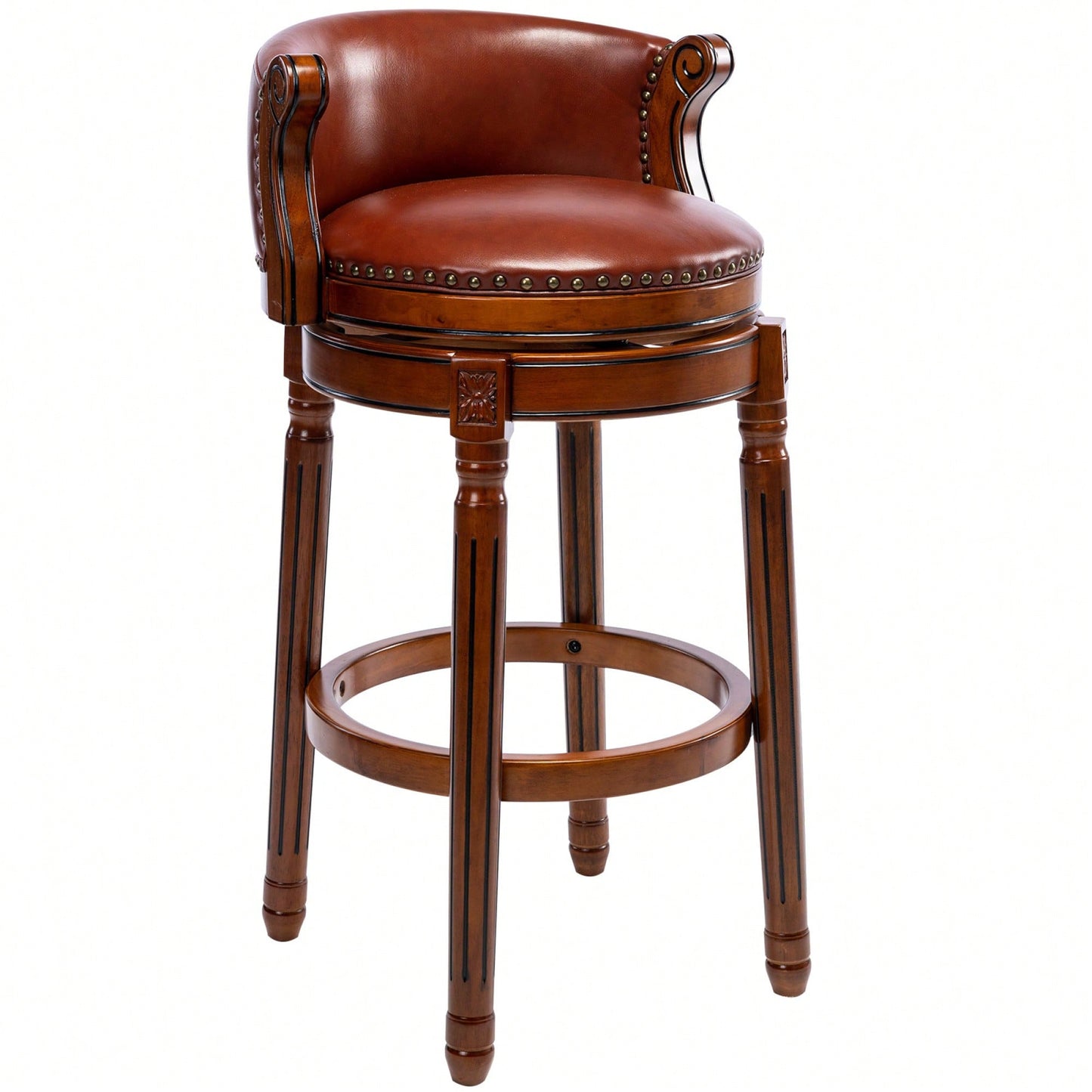 29.5 Inch Cowhide Leather Swivel Bar Stool With Back For Kitchen Counter - Brown 1pc