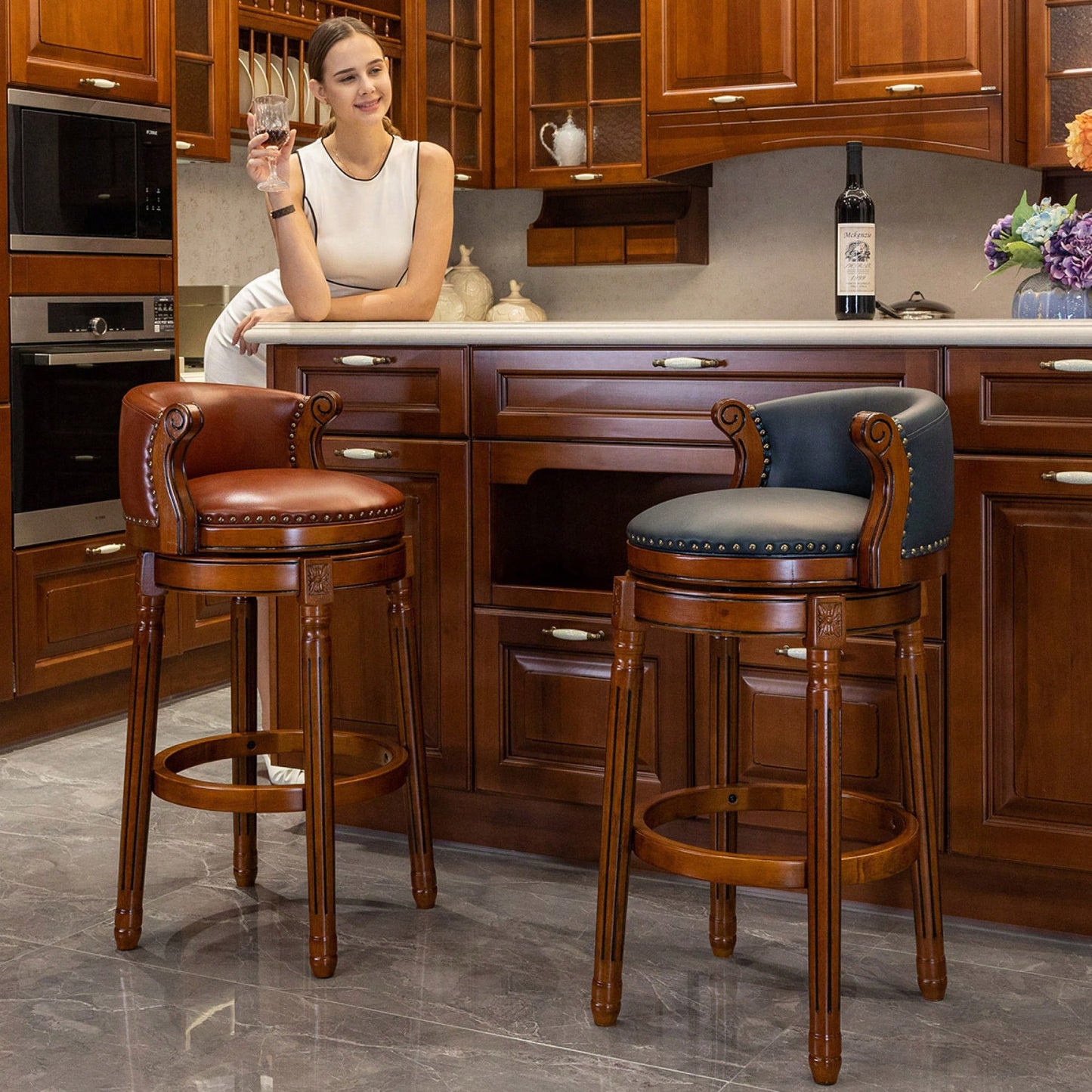 29.5 Inch Cowhide Leather Swivel Bar Stool With Back For Kitchen Counter - Brown 1pc