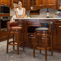 29.5 Inch Cowhide Leather Swivel Bar Stool With Back For Kitchen Counter - Brown 1pc