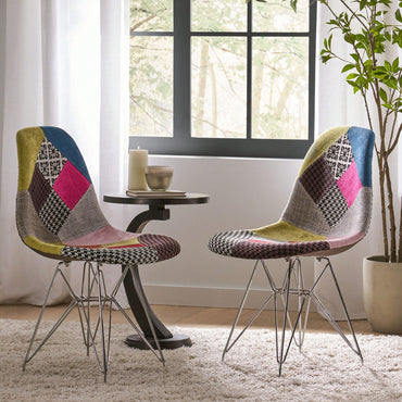 Bohemian Style Patchwork Accent Chair With Chromed Legs And Geometric Pattern Set Of 2