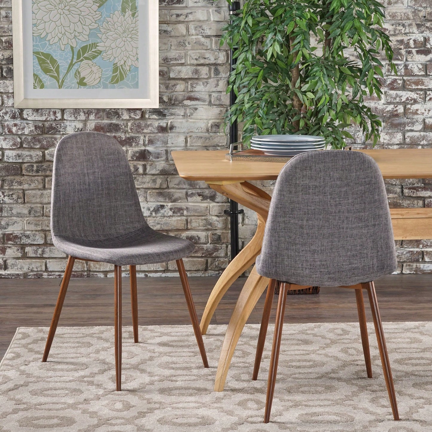 Upholstered Dining Chairs Set Of 2 With Dark Walnut Finish Mid-Century Modern Design