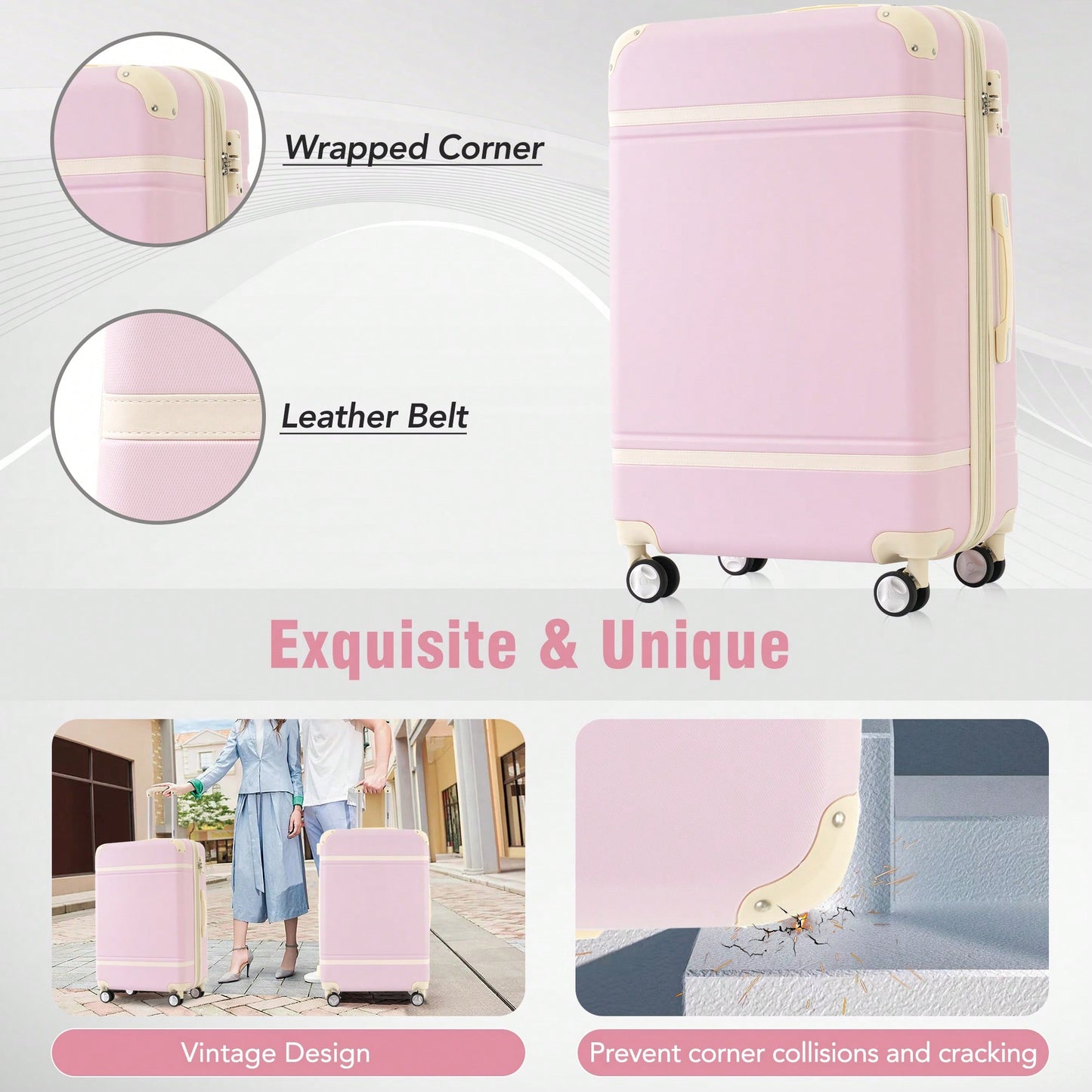 Light Pink 3-Piece Hardshell Luggage Set With TSA Lock Includes 20" 24" Spinner Suitcases And Cosmetic Case Lightweight Travel Gear