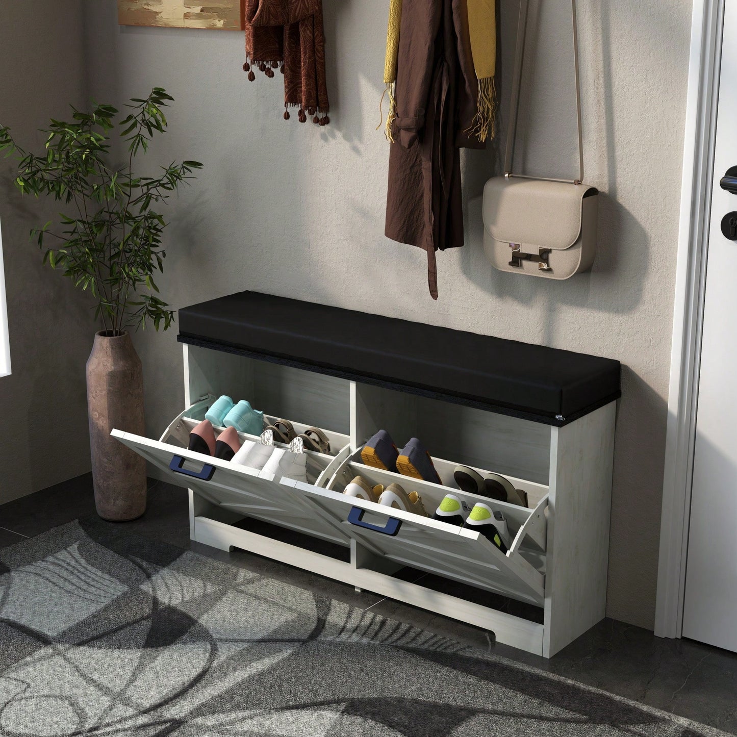 Entryway Shoe Storage Bench With Coat Rack And Padded Seat Cushion, Adjustable Flip Drawers For Hallway Organization