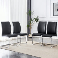Set Of 4 High Resilience Black PU Dining Chairs With Arched Silver Metal Legs