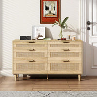 Natural 51 Inch Rattan Dresser with 6 Drawers Stylish Storage Versatile Clothes Cabinet with Metal Handles and Wood Legs