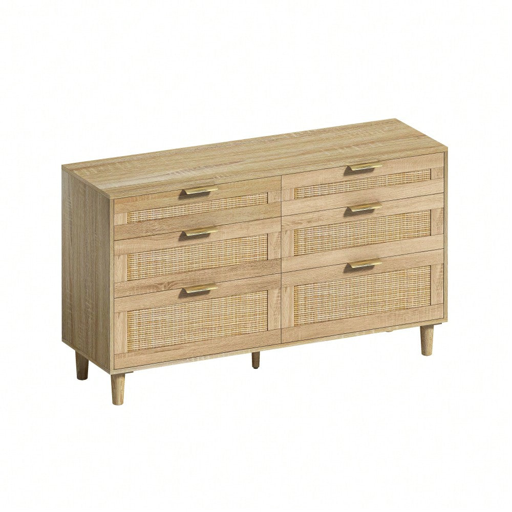 Natural 51 Inch Rattan Dresser with 6 Drawers Stylish Storage Versatile Clothes Cabinet with Metal Handles and Wood Legs