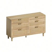 Natural 51 Inch Rattan Dresser with 6 Drawers Stylish Storage Versatile Clothes Cabinet with Metal Handles and Wood Legs