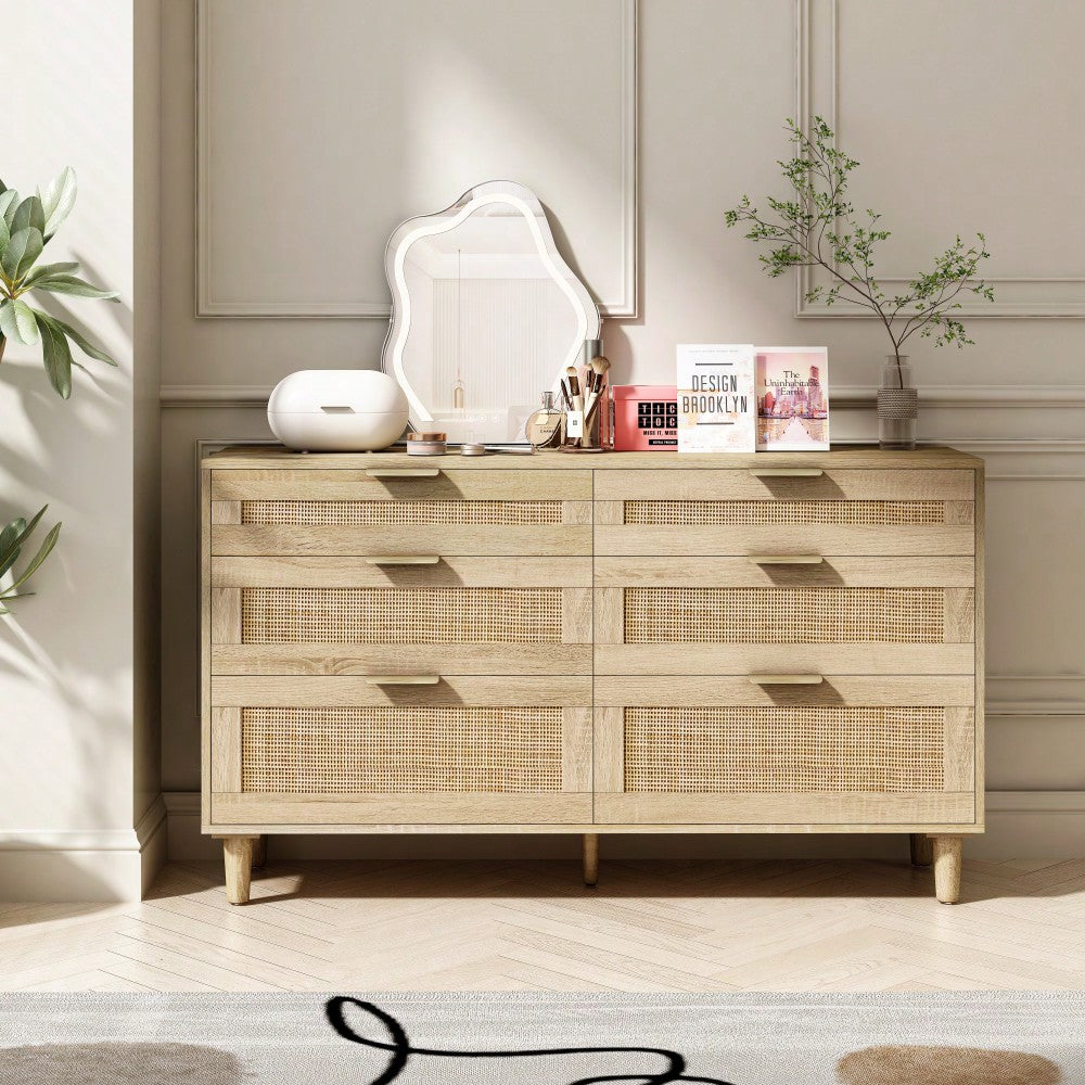 Natural 51 Inch Rattan Dresser with 6 Drawers Stylish Storage Versatile Clothes Cabinet with Metal Handles and Wood Legs