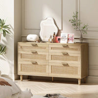 Natural 51 Inch Rattan Dresser with 6 Drawers Stylish Storage Versatile Clothes Cabinet with Metal Handles and Wood Legs