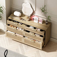 Natural 51 Inch Rattan Dresser with 6 Drawers Stylish Storage Versatile Clothes Cabinet with Metal Handles and Wood Legs