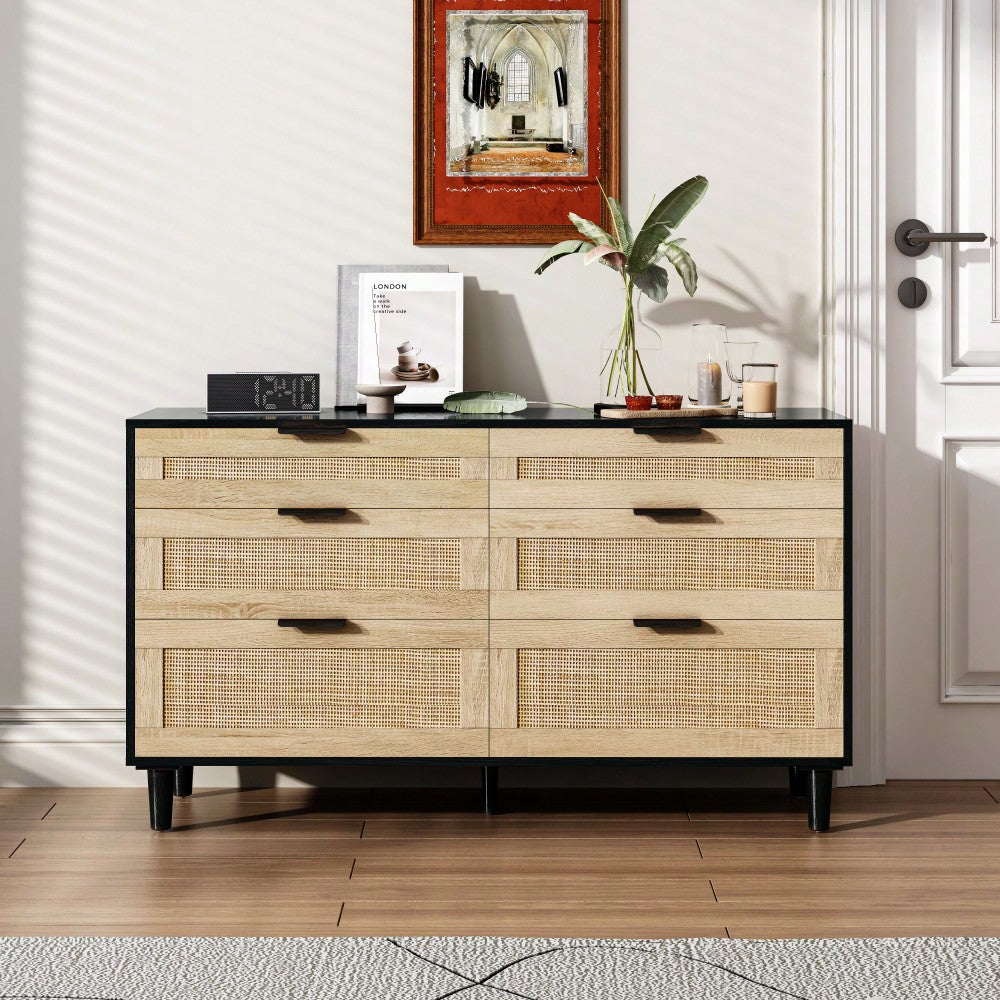 Natural 51 Inch Rattan Dresser with 6 Drawers Stylish Storage Versatile Clothes Cabinet with Metal Handles and Wood Legs