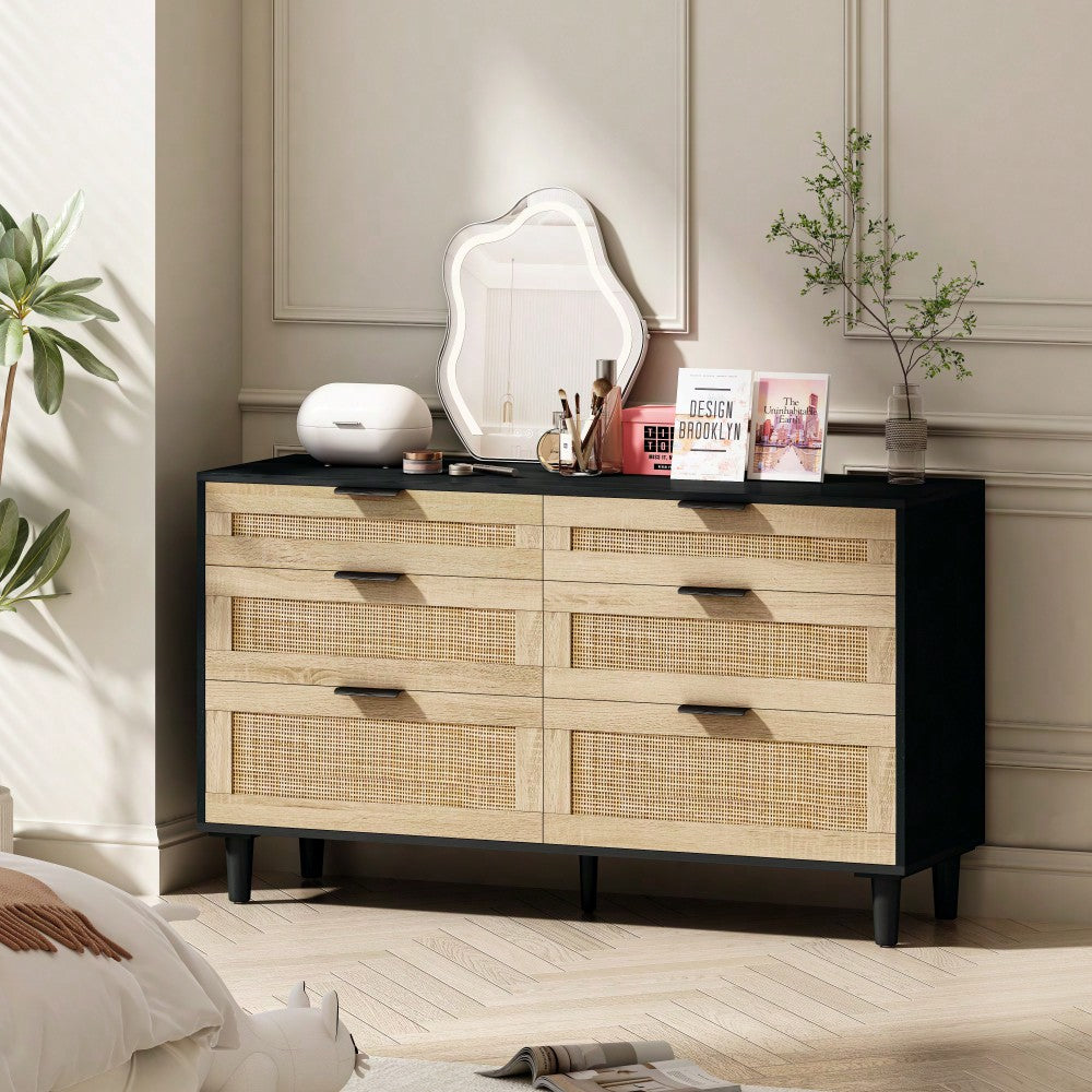 Natural 51 Inch Rattan Dresser with 6 Drawers Stylish Storage Versatile Clothes Cabinet with Metal Handles and Wood Legs