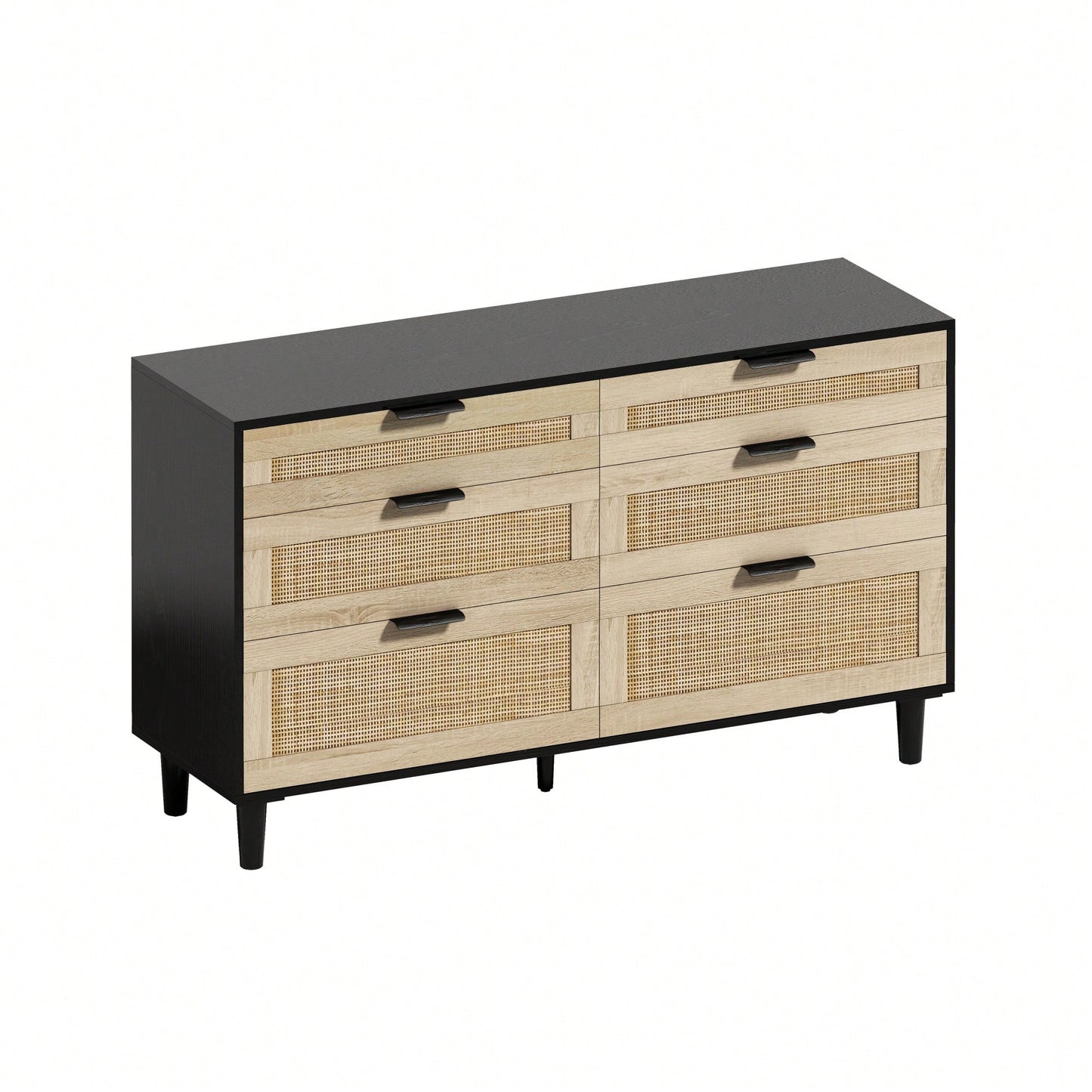 Natural 51 Inch Rattan Dresser with 6 Drawers Stylish Storage Versatile Clothes Cabinet with Metal Handles and Wood Legs