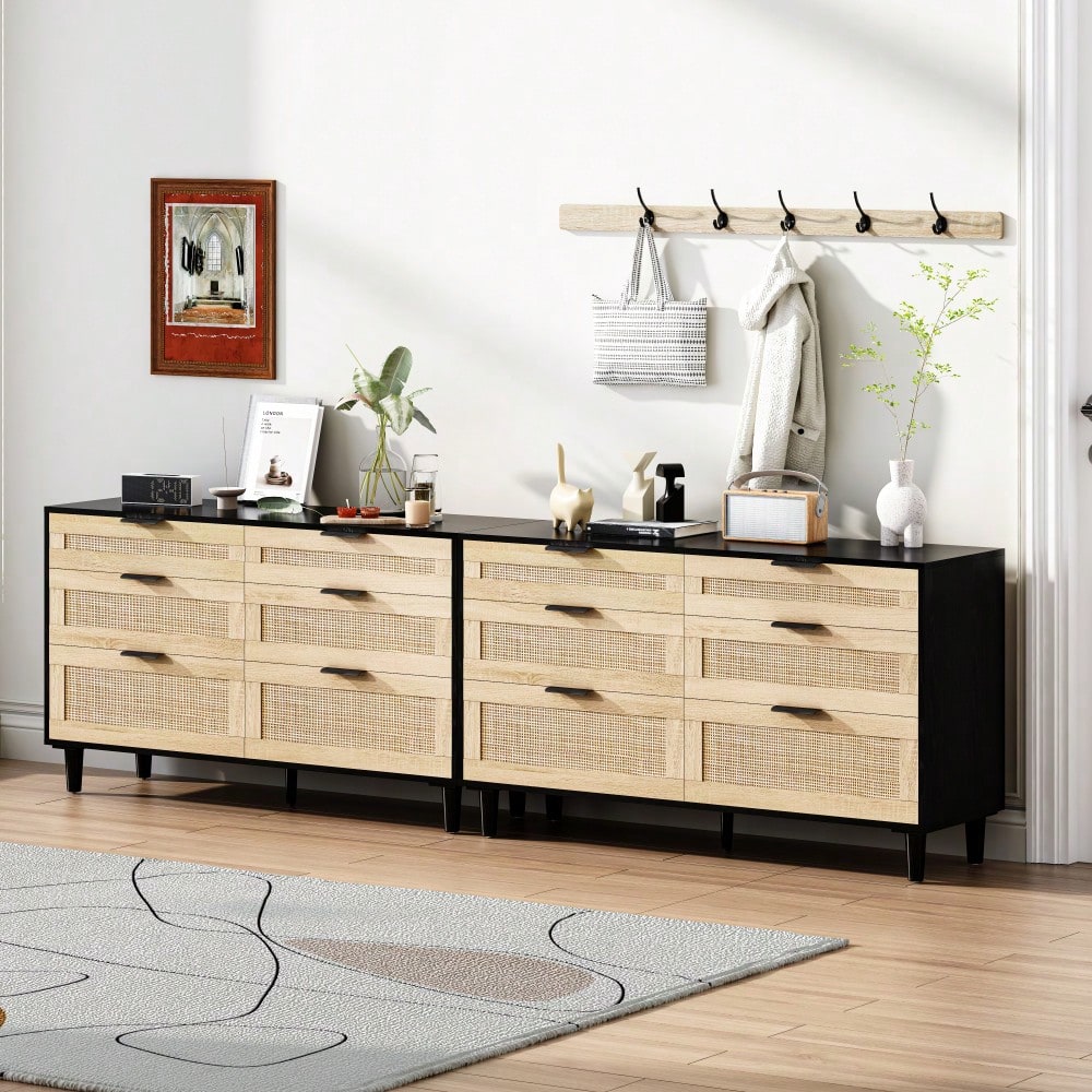 Natural 51 Inch Rattan Dresser with 6 Drawers Stylish Storage Versatile Clothes Cabinet with Metal Handles and Wood Legs