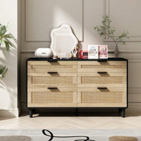 Natural 51 Inch Rattan Dresser with 6 Drawers Stylish Storage Versatile Clothes Cabinet with Metal Handles and Wood Legs