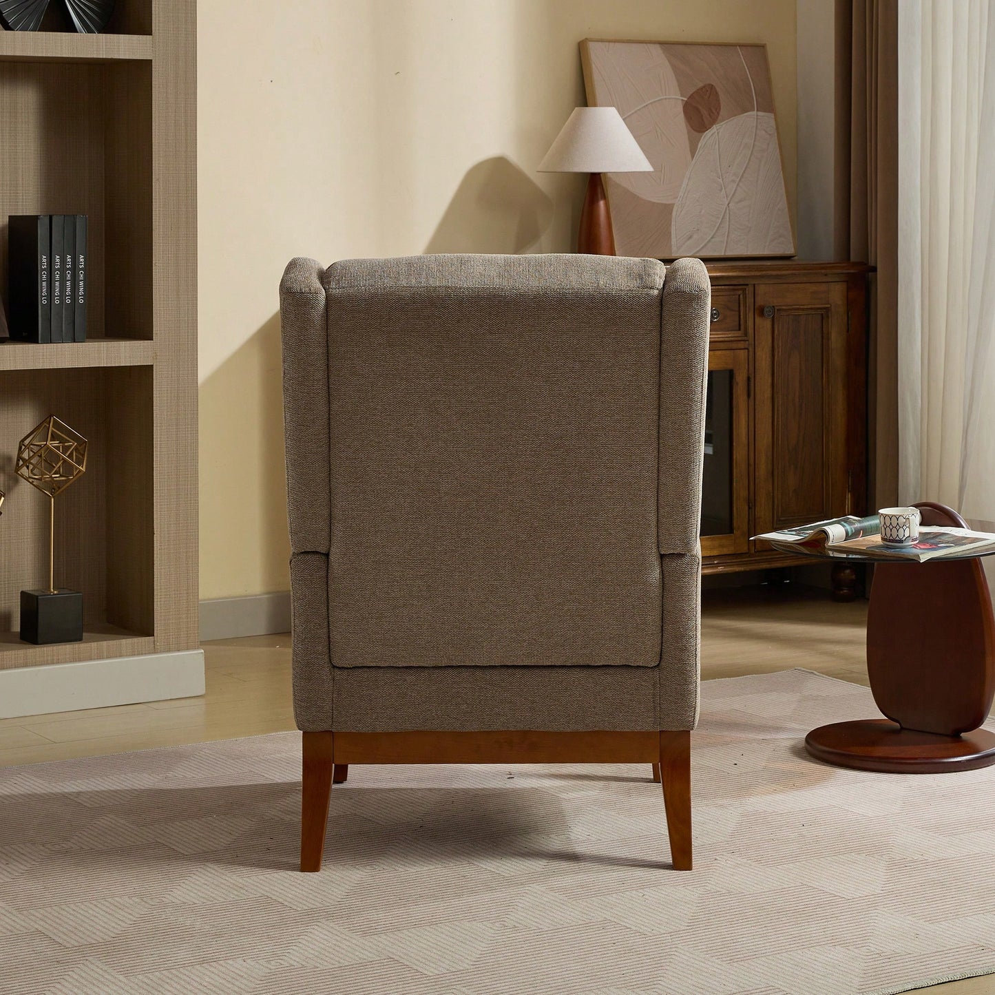 Beige High Back Upholstered Accent Chair For Living Room Bedroom Office Modern Club Armchair With Wood Legs