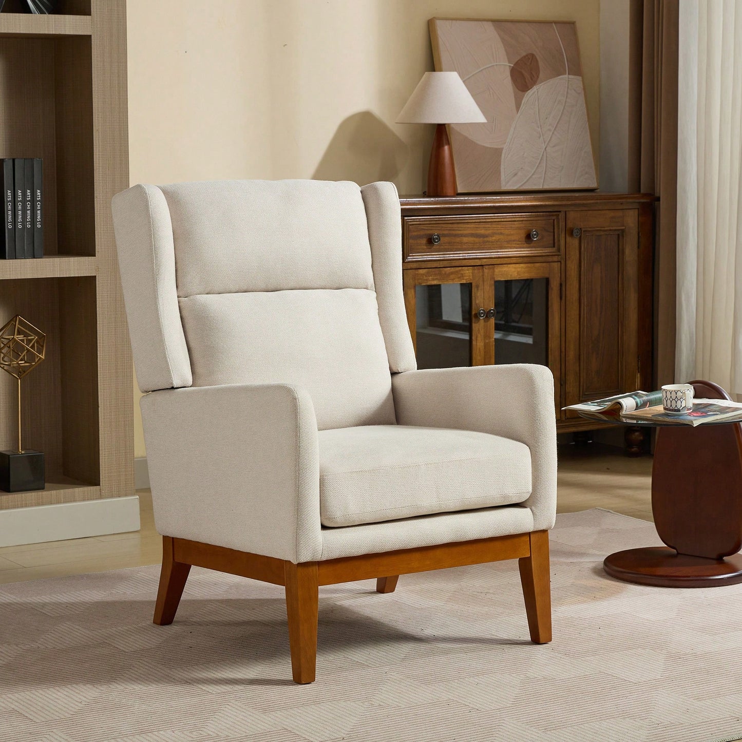 Beige High Back Upholstered Accent Chair For Living Room Bedroom Office Modern Club Armchair With Wood Legs