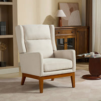 Beige High Back Upholstered Accent Chair For Living Room Bedroom Office Modern Club Armchair With Wood Legs