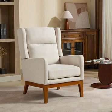 Beige High Back Upholstered Accent Chair For Living Room Bedroom Office Modern Club Armchair With Wood Legs