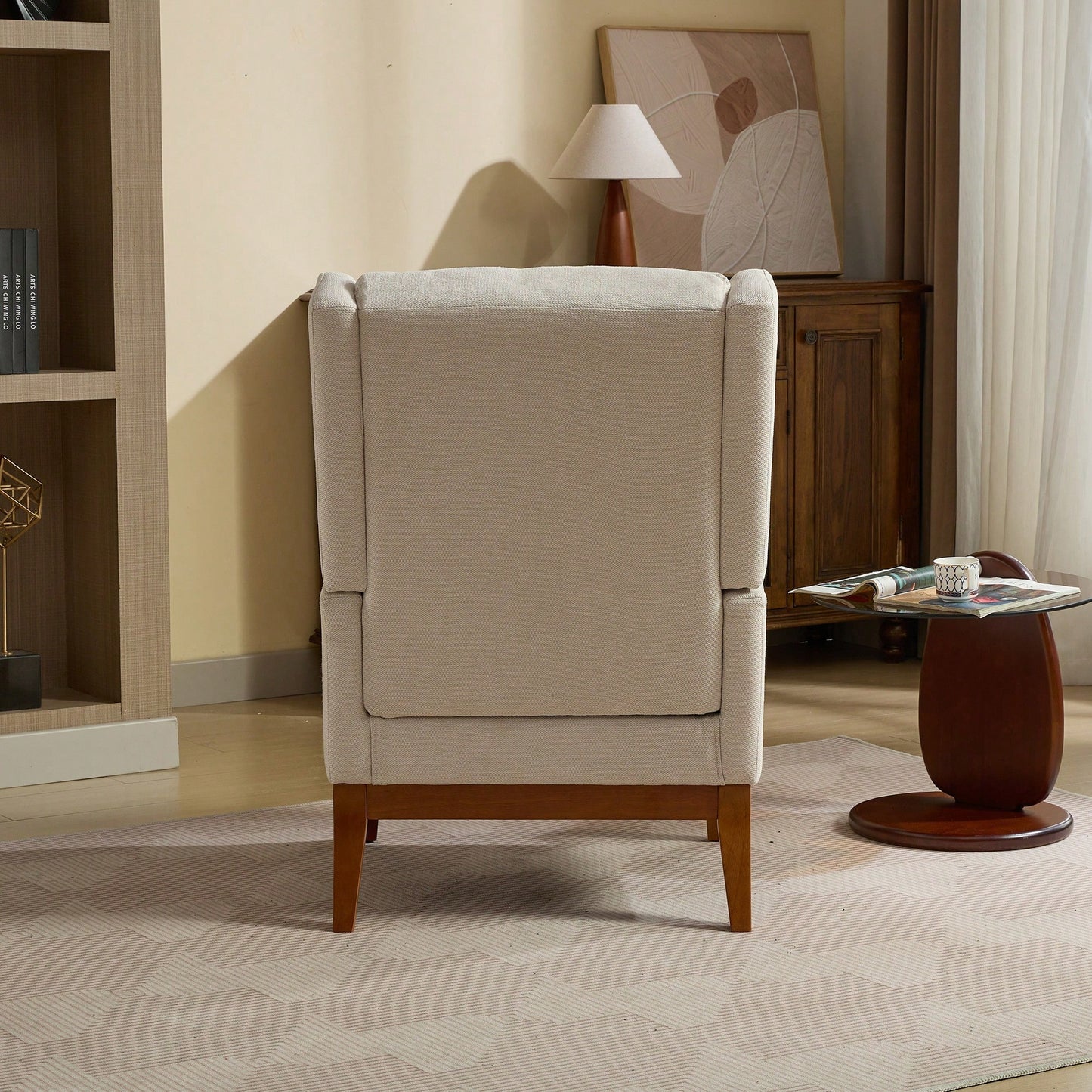 Beige High Back Upholstered Accent Chair For Living Room Bedroom Office Modern Club Armchair With Wood Legs