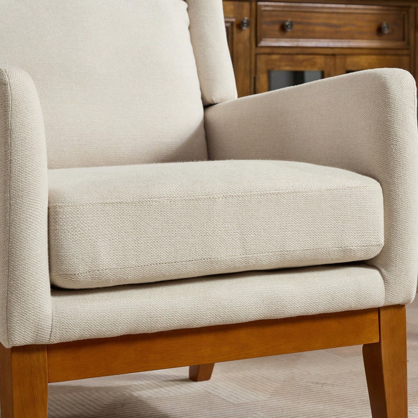 Beige High Back Upholstered Accent Chair For Living Room Bedroom Office Modern Club Armchair With Wood Legs