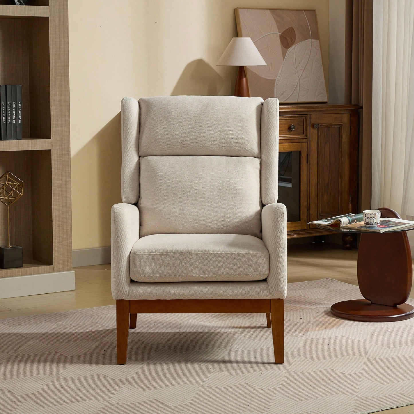 Beige High Back Upholstered Accent Chair For Living Room Bedroom Office Modern Club Armchair With Wood Legs