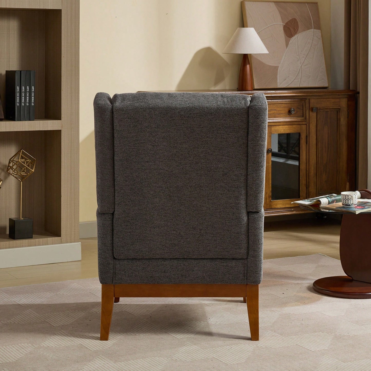 Beige High Back Upholstered Accent Chair For Living Room Bedroom Office Modern Club Armchair With Wood Legs