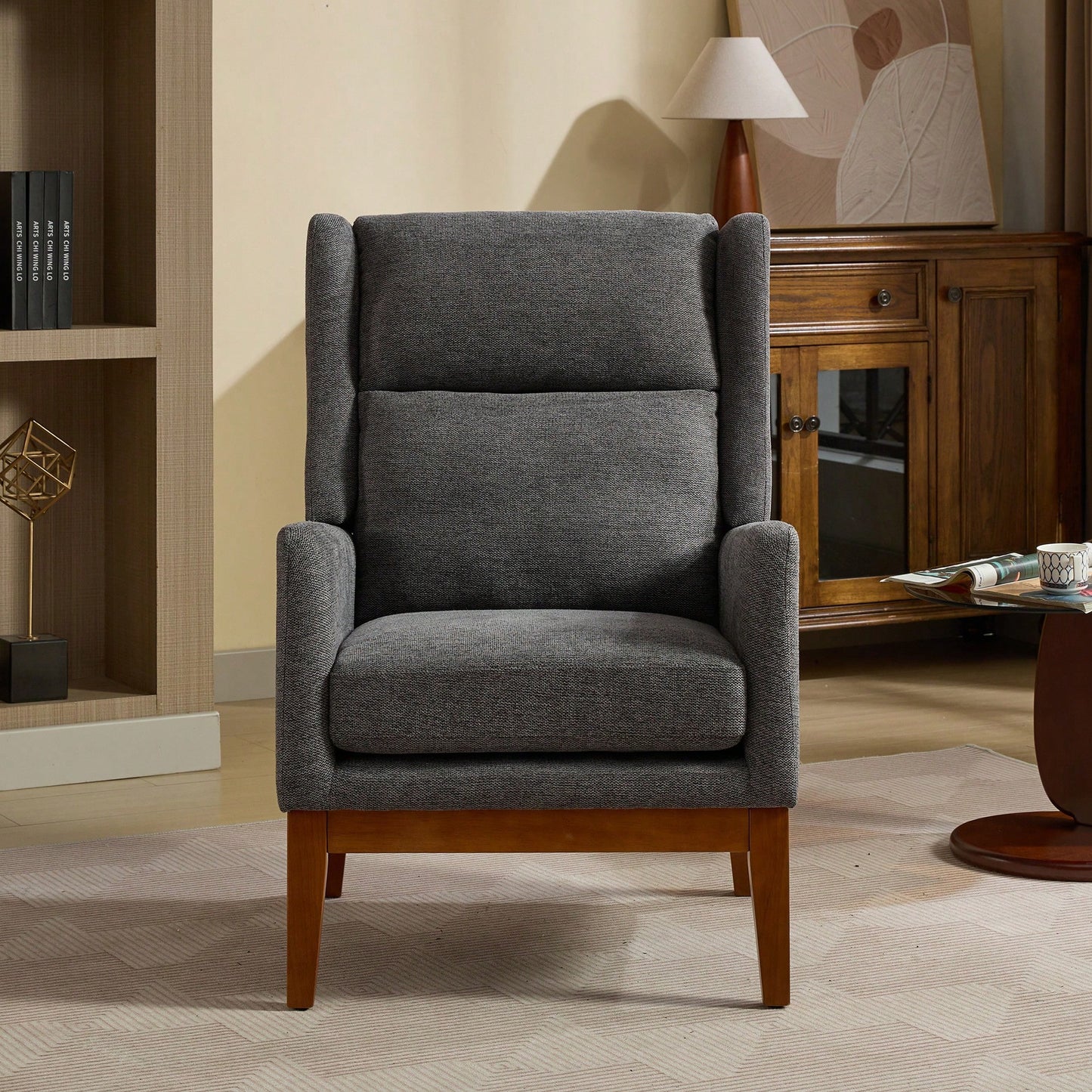 Beige High Back Upholstered Accent Chair For Living Room Bedroom Office Modern Club Armchair With Wood Legs