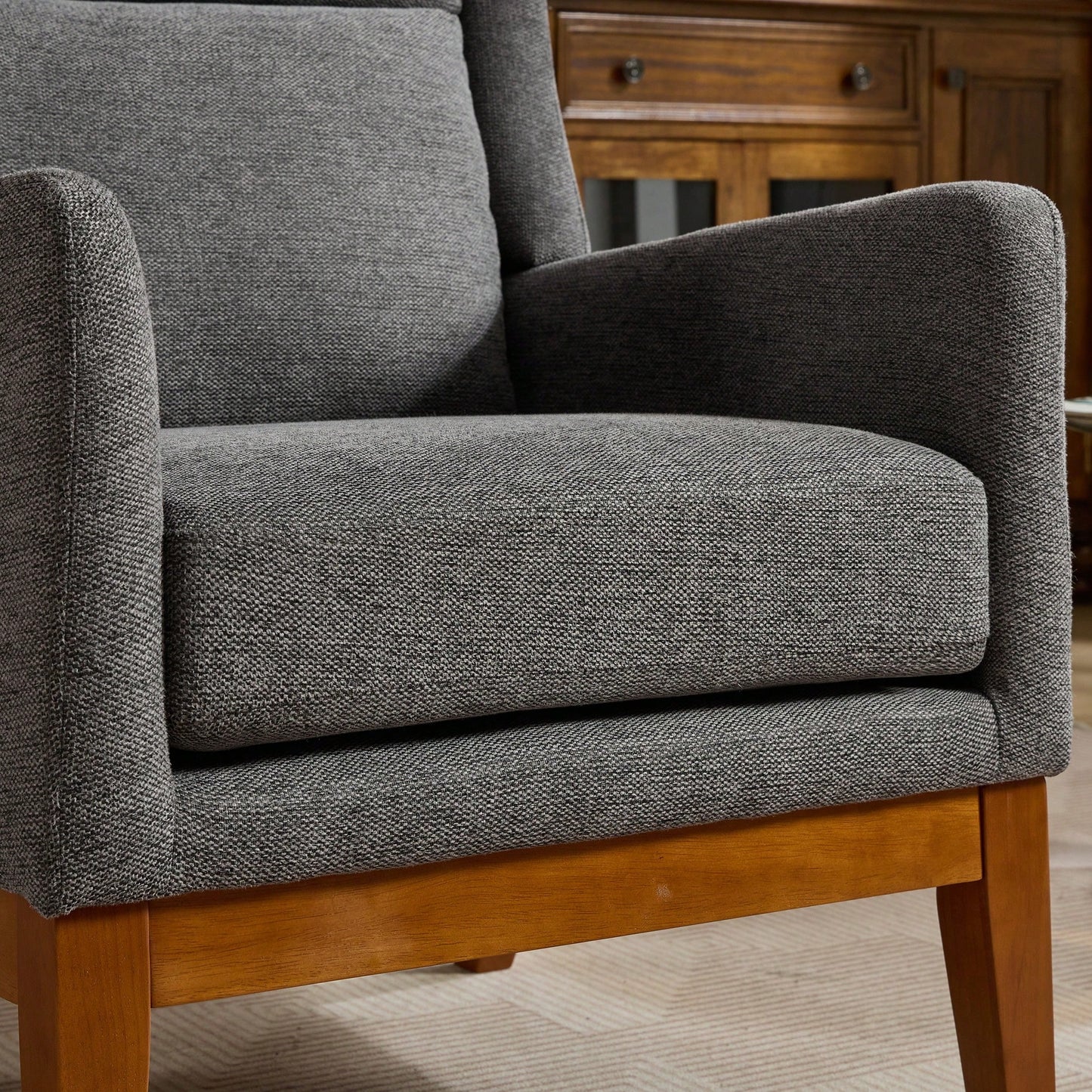 Beige High Back Upholstered Accent Chair For Living Room Bedroom Office Modern Club Armchair With Wood Legs