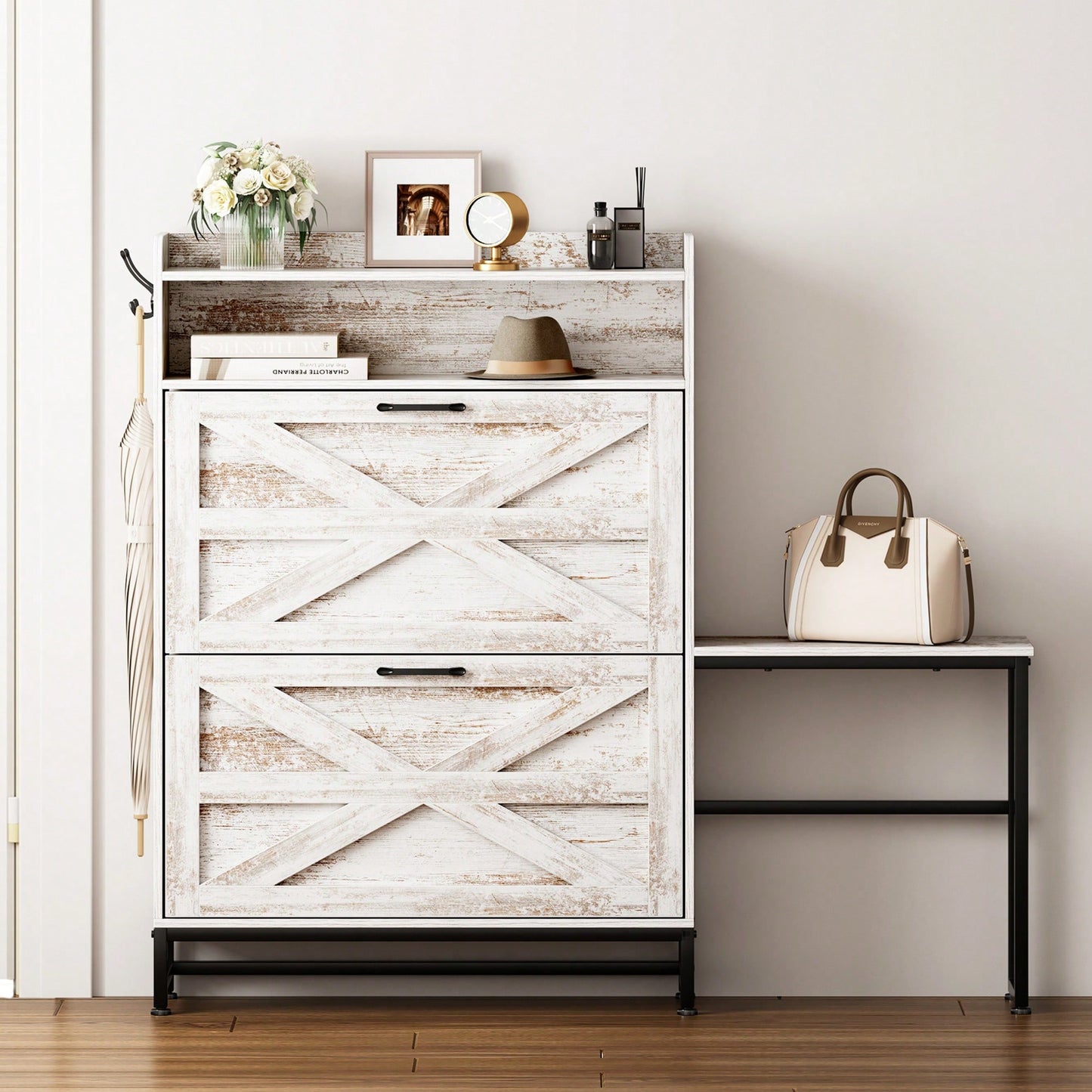 Stylish White Shoe Cabinet For Entryway And Balcony Storage With Large Capacity Shoe Rack