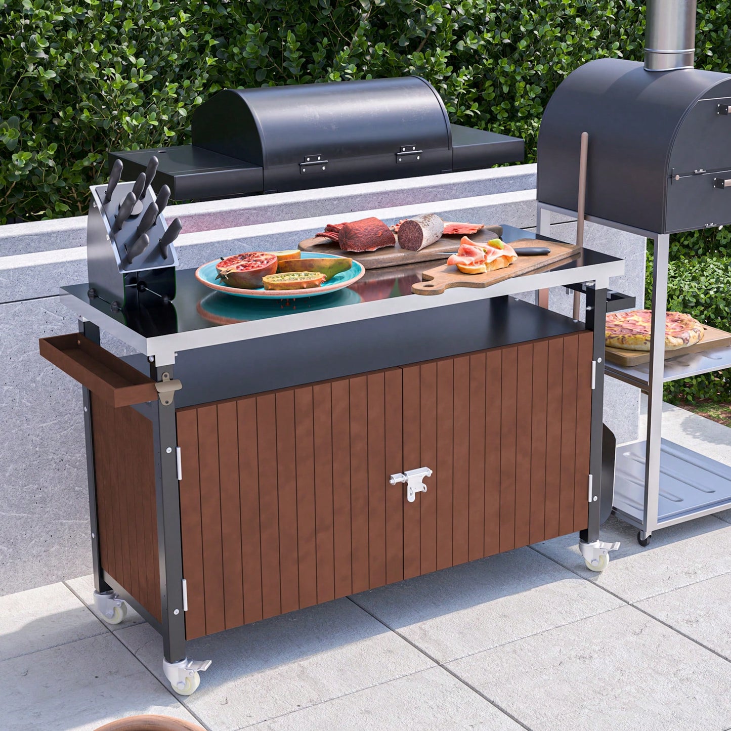 Stainless Steel Outdoor Grill Cart With Wheels, Storage, Hooks, And Spice Rack For BBQ And Patio Kitchen Island