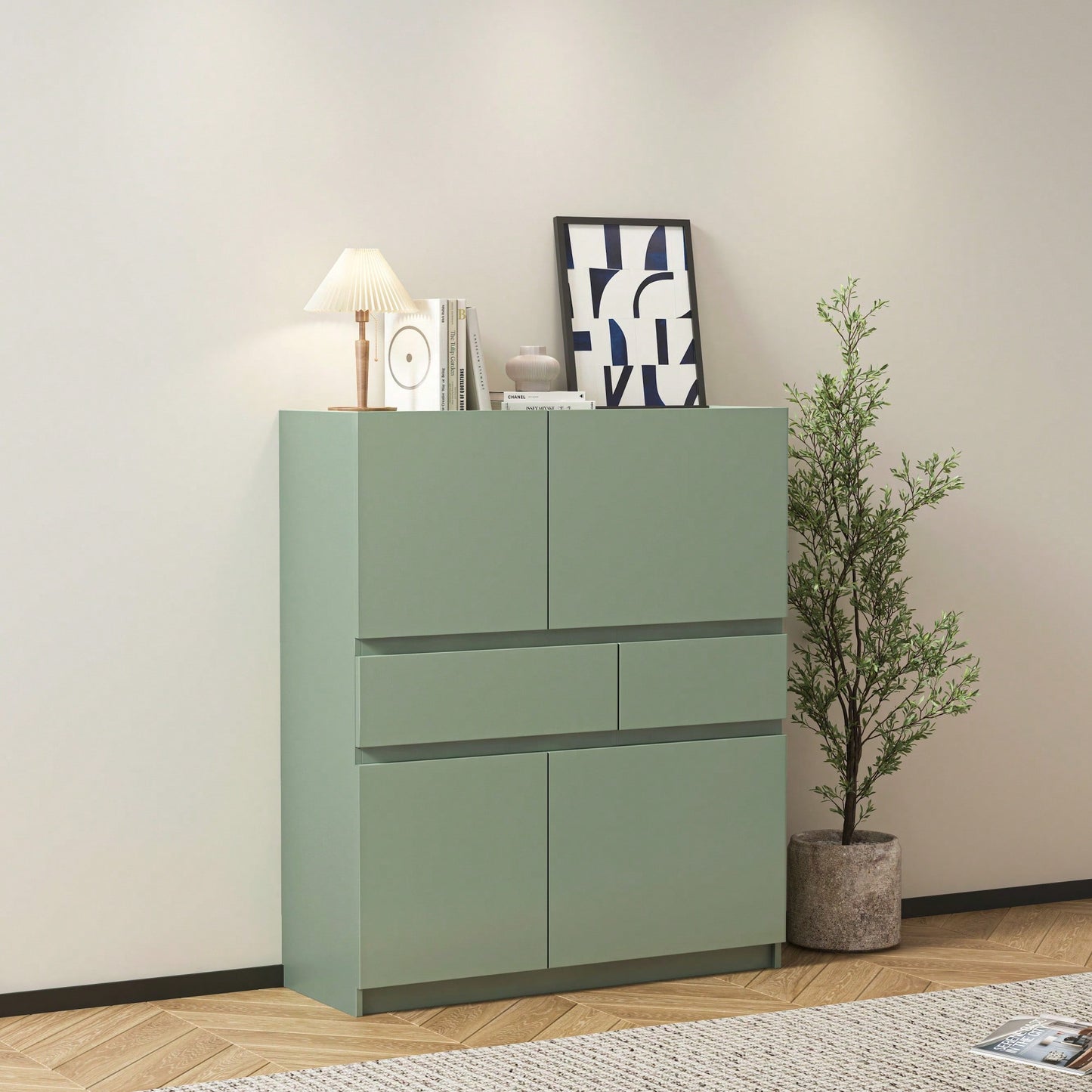 Stylish Green Wooden Storage Cabinet With 4 Doors And 2 Drawers For Organized Living Space