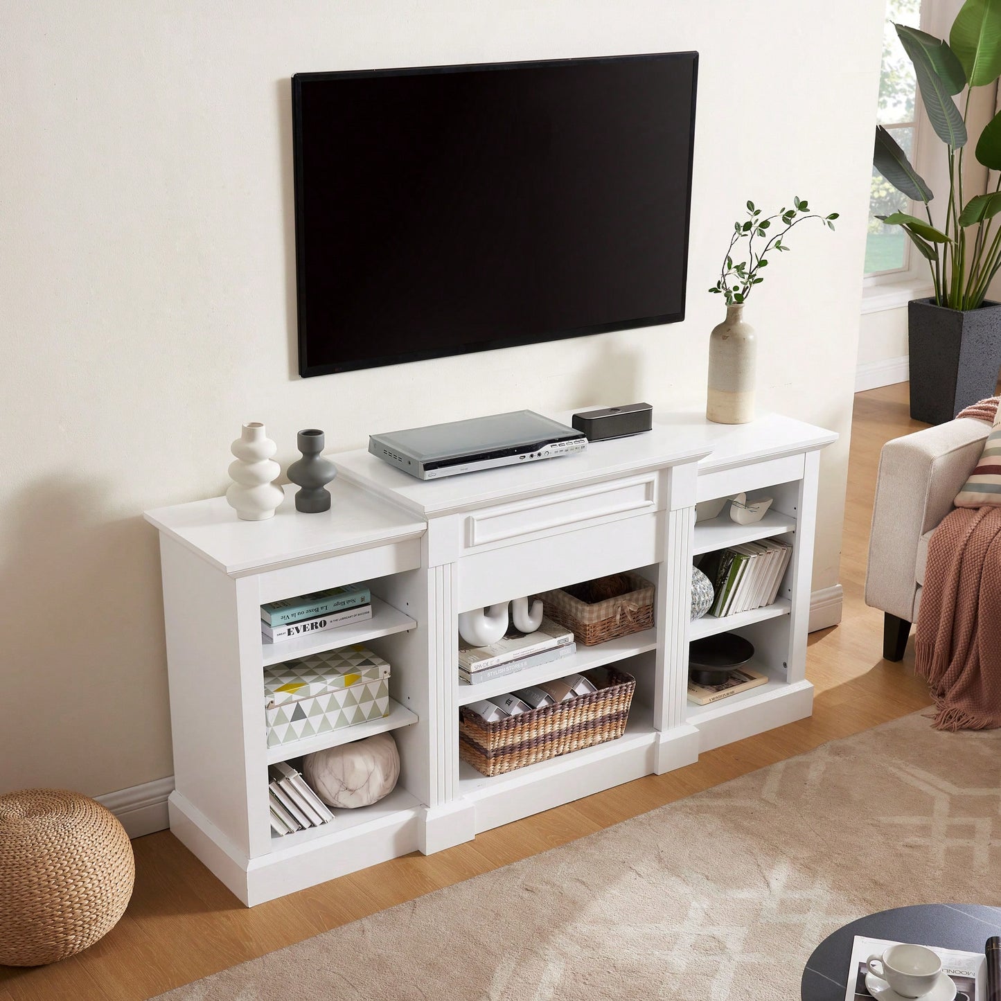 Modern White Media Console Table With Ample Storage For TV And Entertainment Center