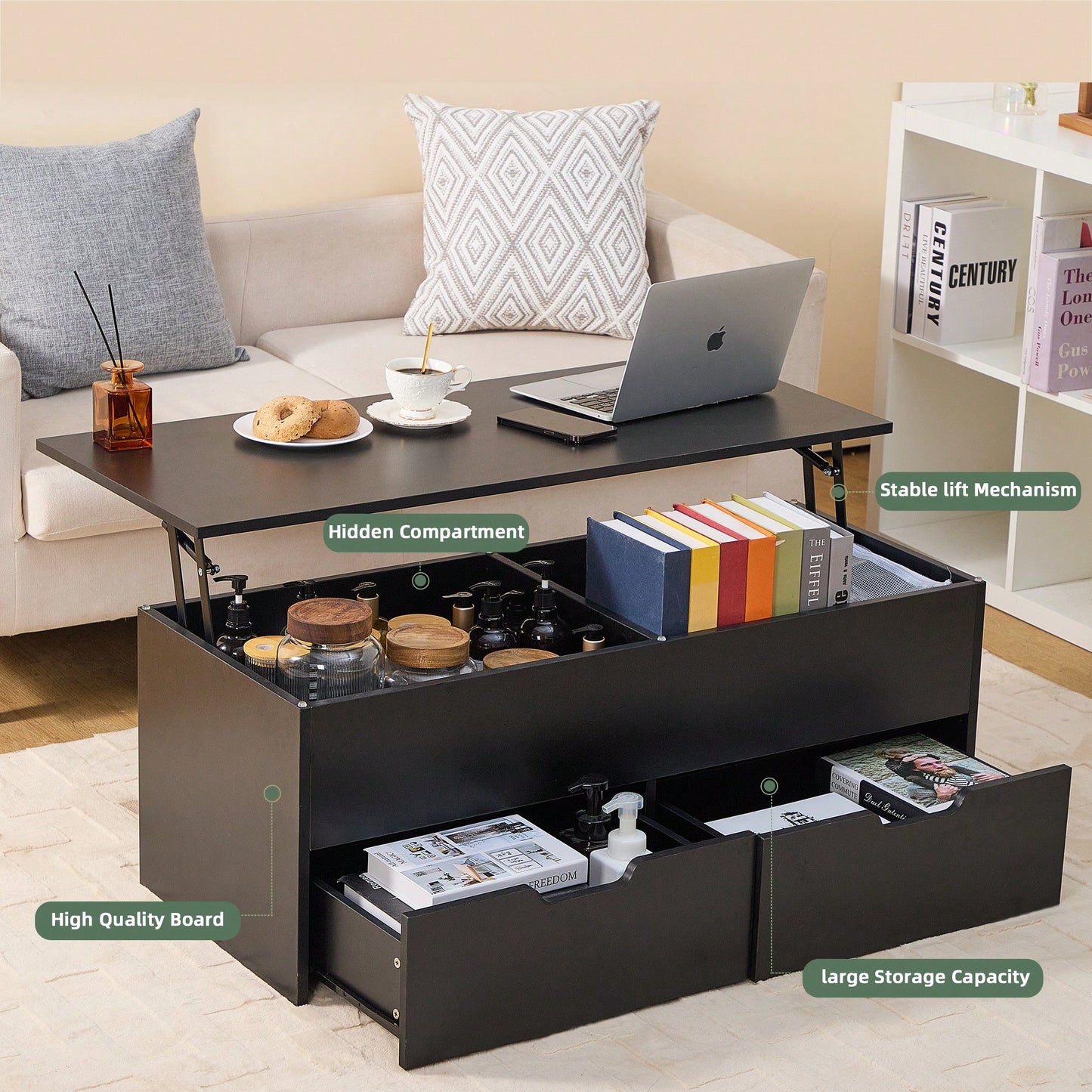 Lift-Top Coffee Table With Hidden Storage And Dual Drawers For Living Room