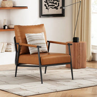 Mid-Century Modern Accent Chair With Brown Faux Leather Upholstery And Metal Frame For Living Room Bedroom Or Office
