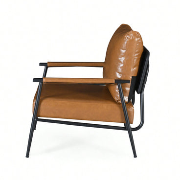 Mid-Century Modern Accent Chair With Brown Faux Leather Upholstery And Metal Frame For Living Room Bedroom Or Office