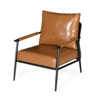 Mid-Century Modern Accent Chair With Brown Faux Leather Upholstery And Metal Frame For Living Room Bedroom Or Office