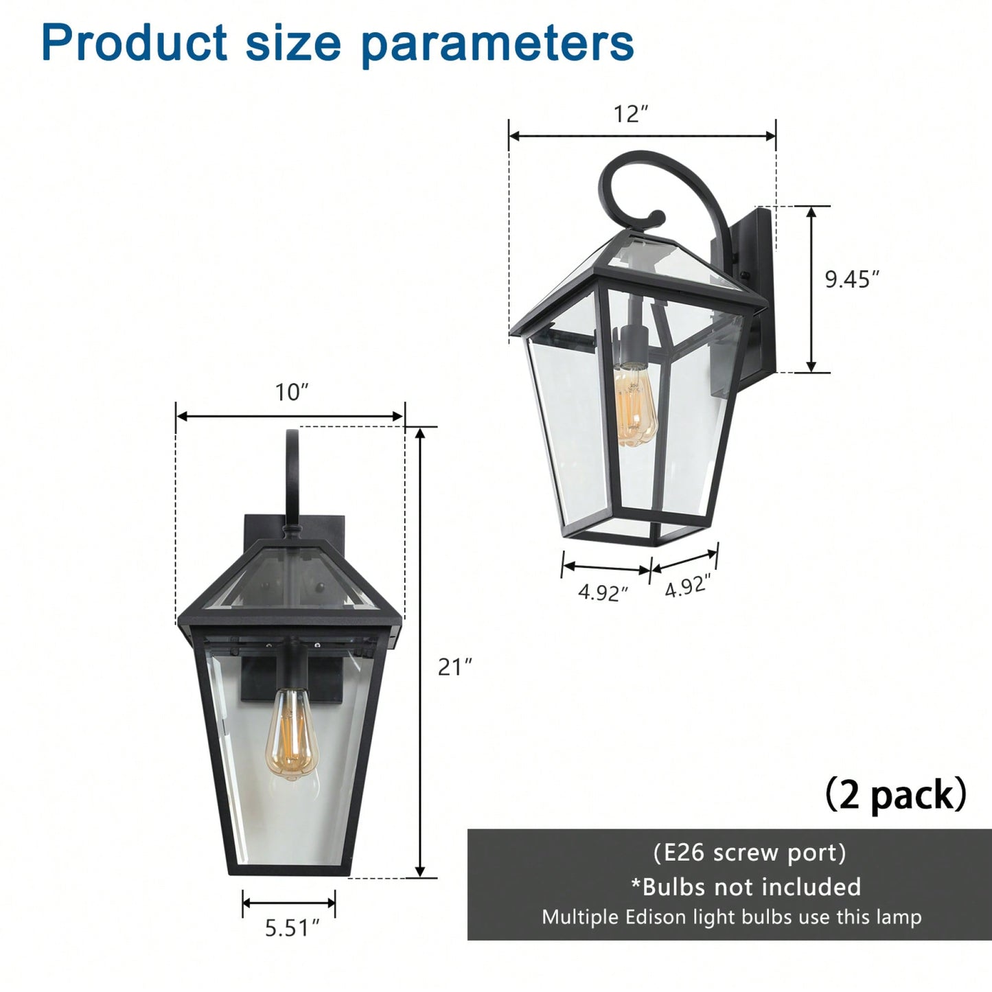 Outdoor Waterproof Wall Lamp Set For Multiple Light Bulb Types - 2 Pack