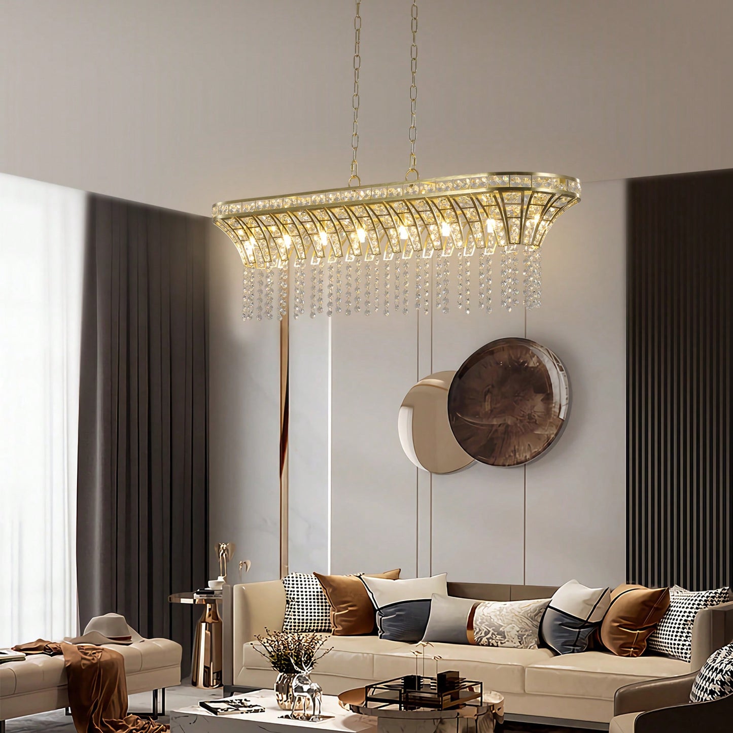 Elegant Oval Crystal Chandelier For Modern Kitchen Island Lighting In Champagne Gold Finish