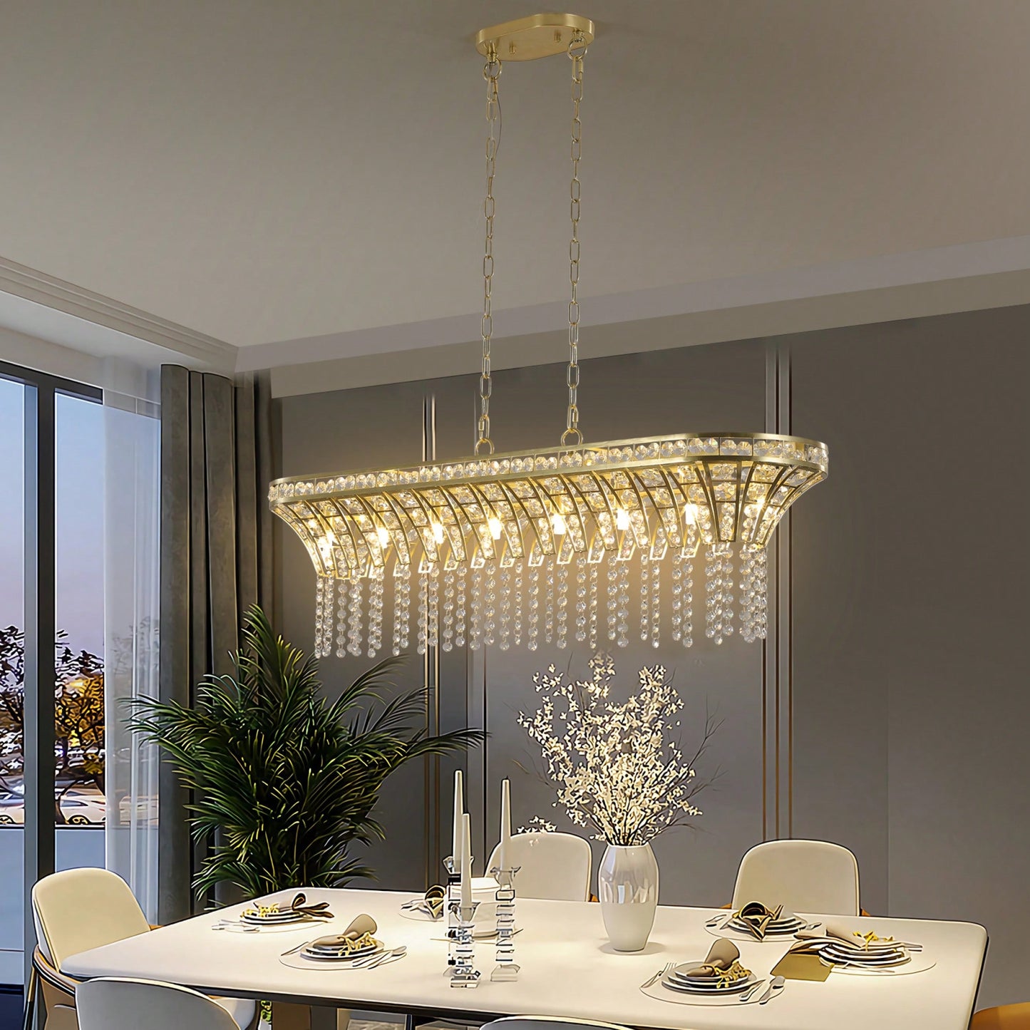 Elegant Oval Crystal Chandelier For Modern Kitchen Island Lighting In Champagne Gold Finish