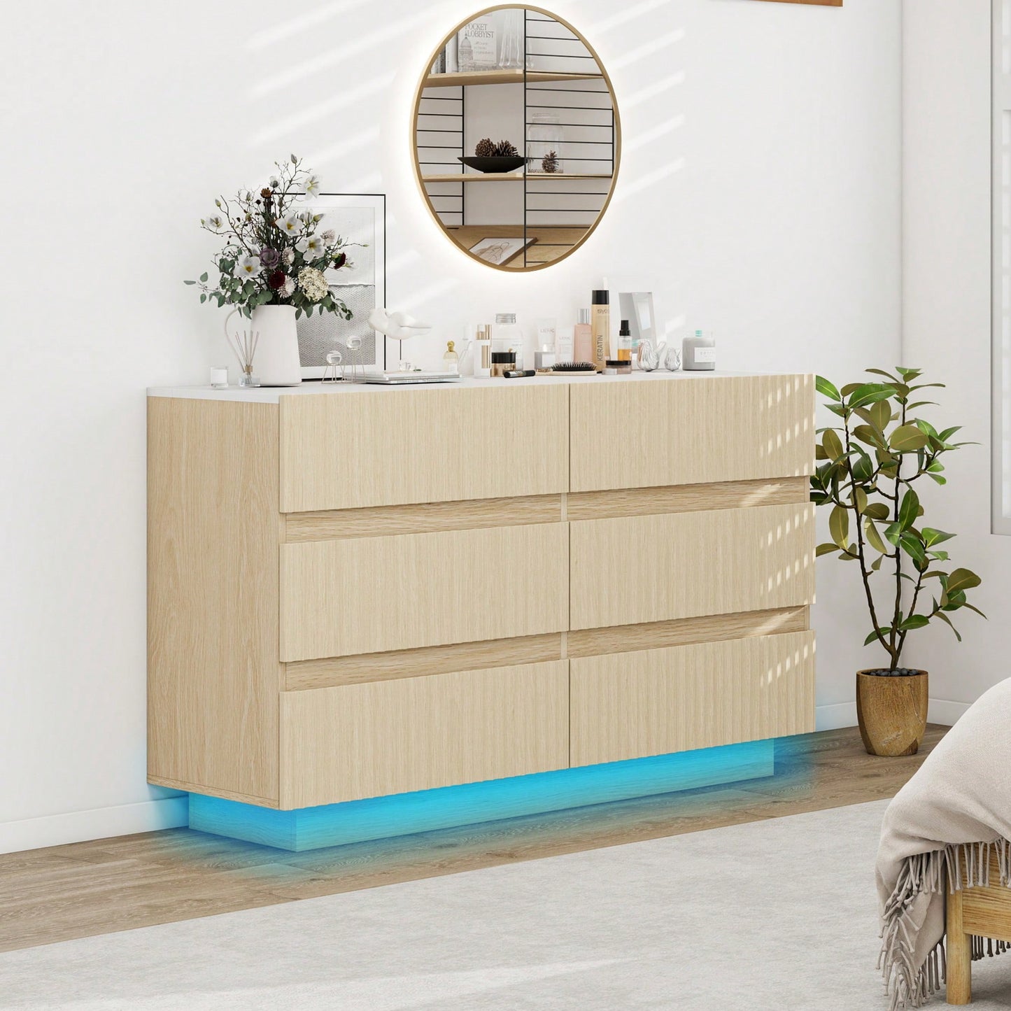 Modern 6 Drawer Dresser With LED Lighting And Organizer For Bedroom Living Room Hallway
