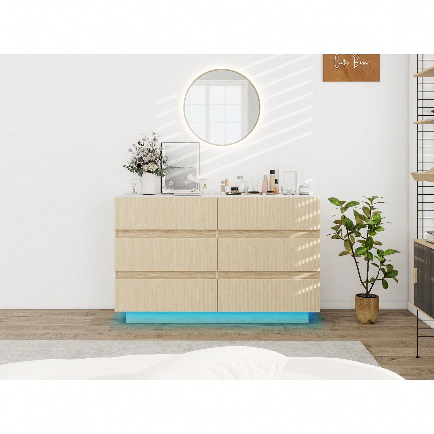 Modern 6 Drawer Dresser With LED Lighting And Organizer For Bedroom Living Room Hallway