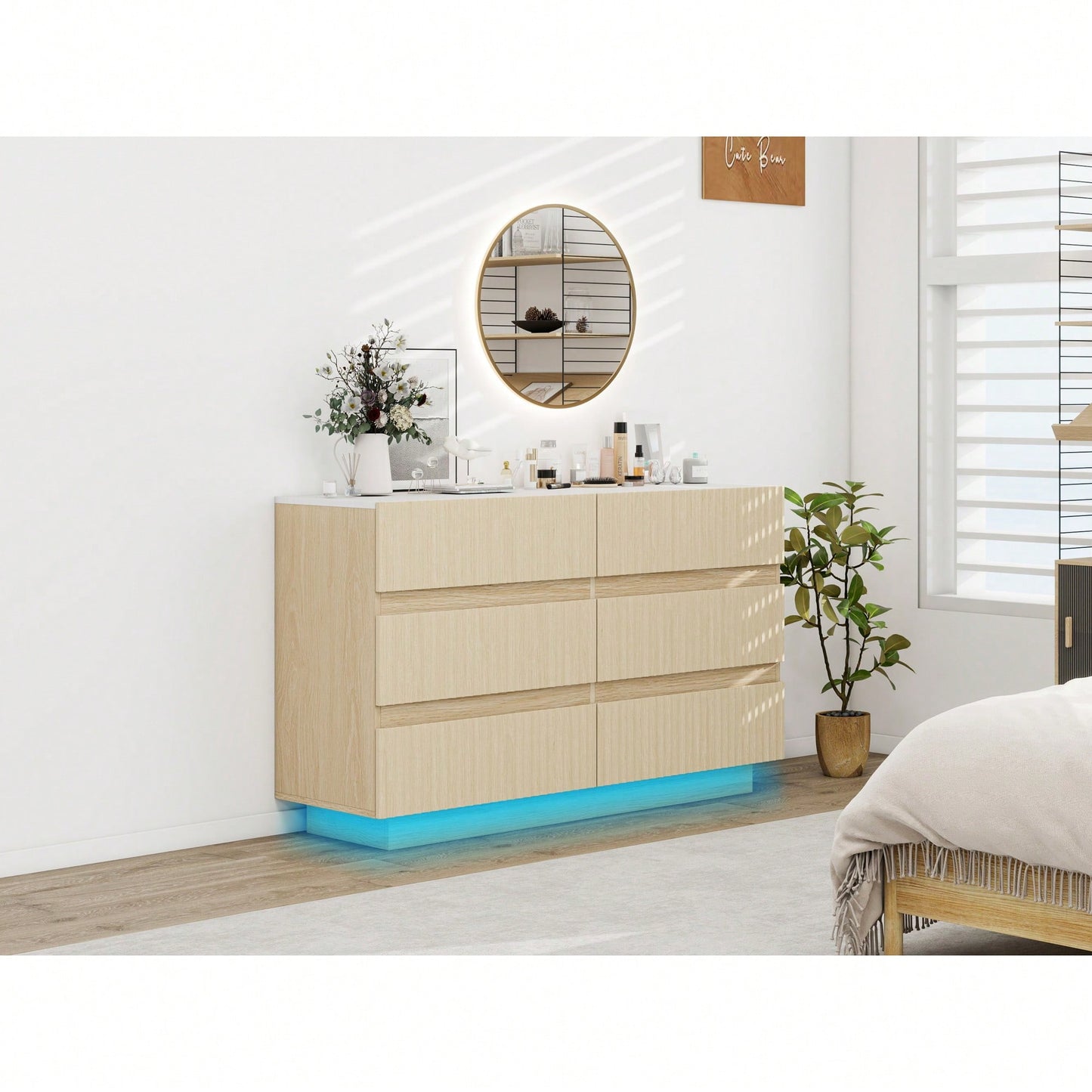 Modern 6 Drawer Dresser With LED Lighting And Organizer For Bedroom Living Room Hallway