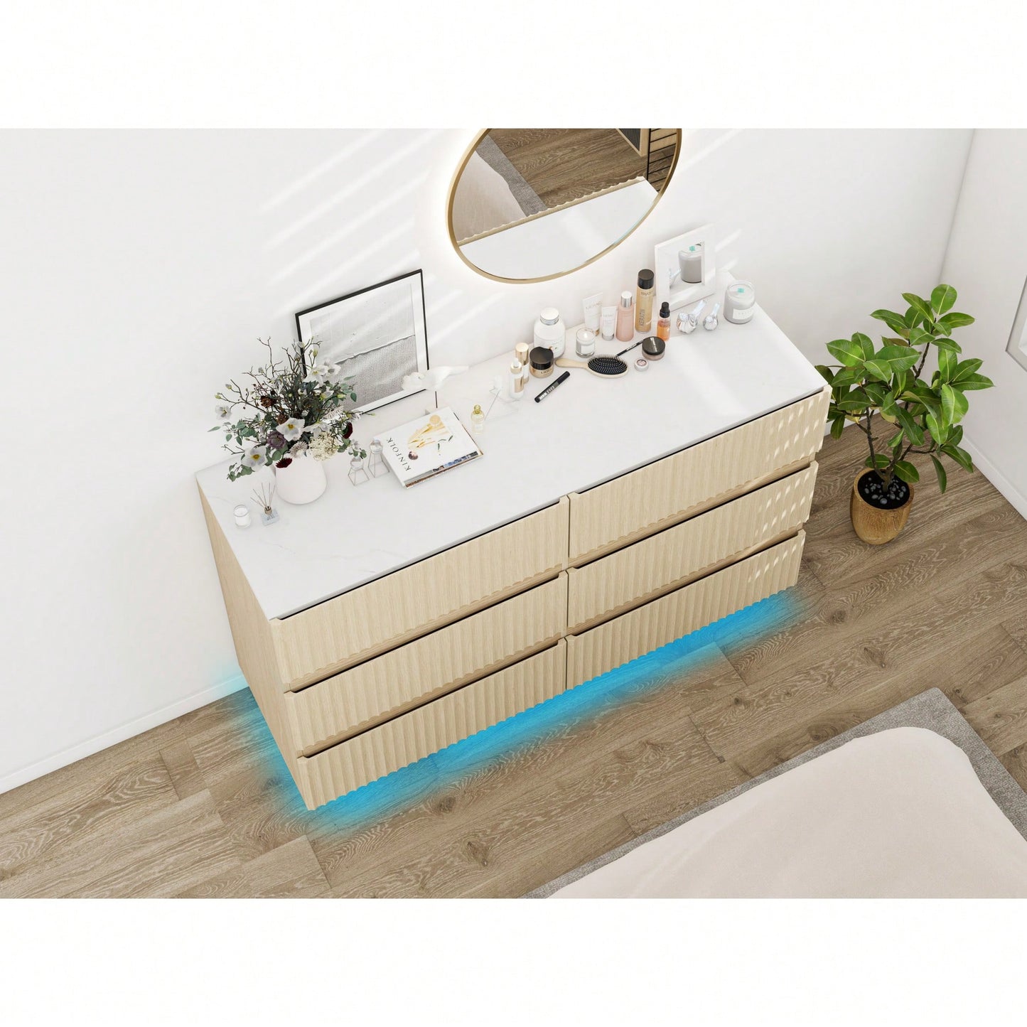 Modern 6 Drawer Dresser With LED Lighting And Organizer For Bedroom Living Room Hallway