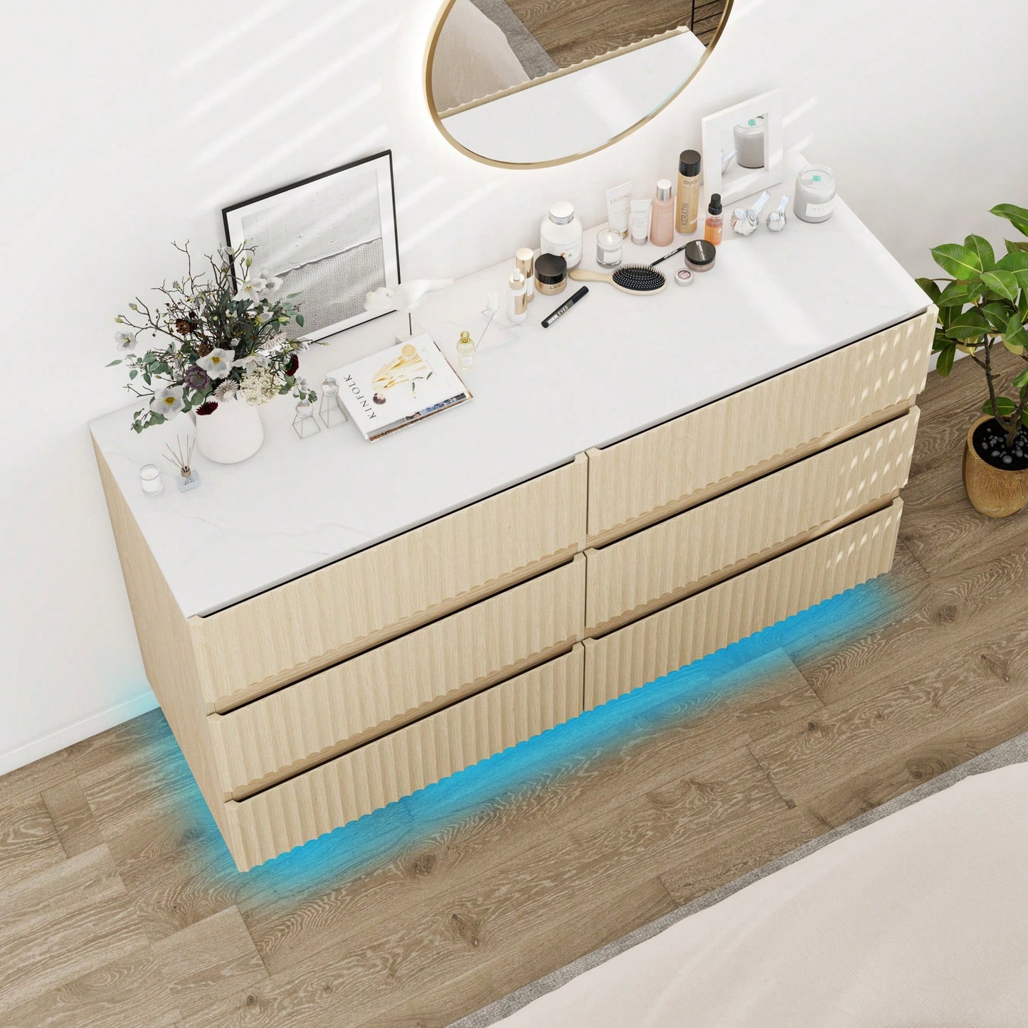 Modern 6 Drawer Dresser With LED Lighting And Organizer For Bedroom Living Room Hallway