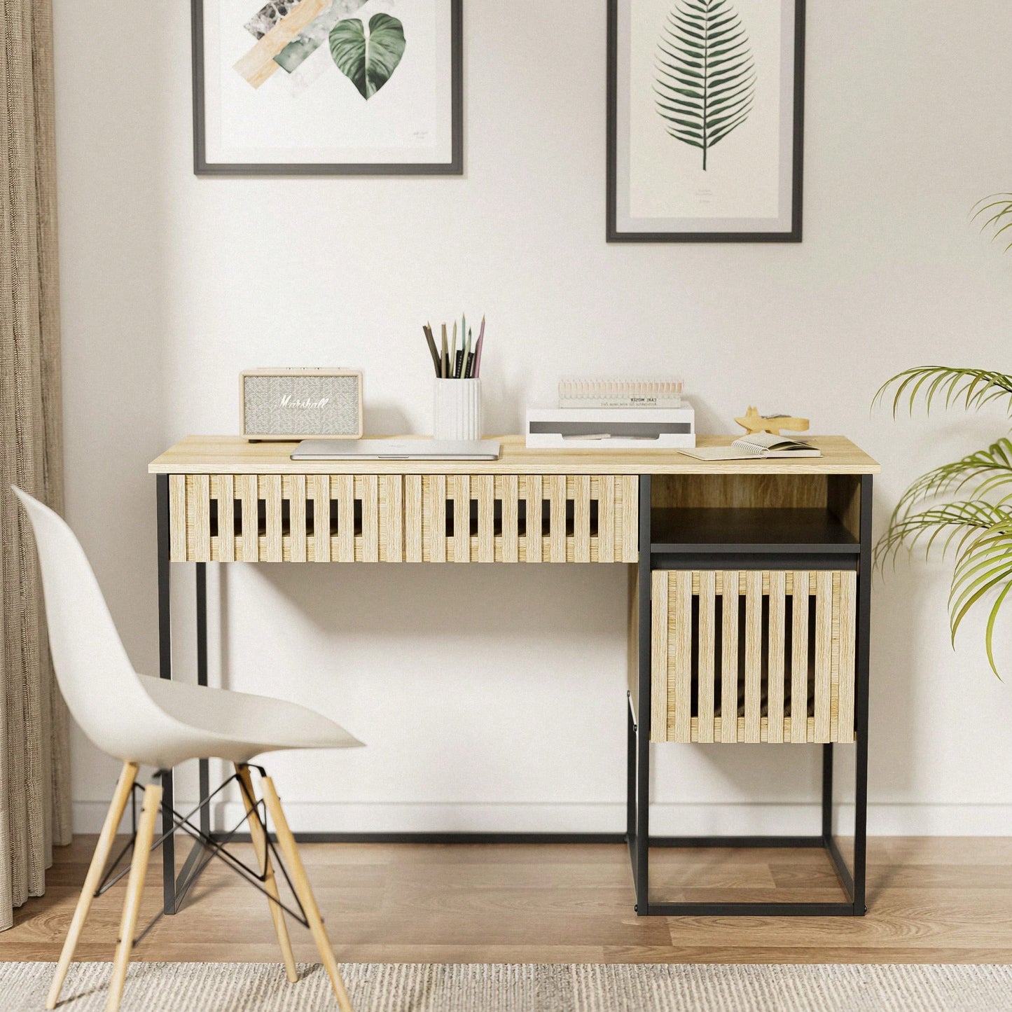 Modern Minimalist Computer Desk With Storage Drawers Easy Assembly Metal Frame Vertical Stripe Design