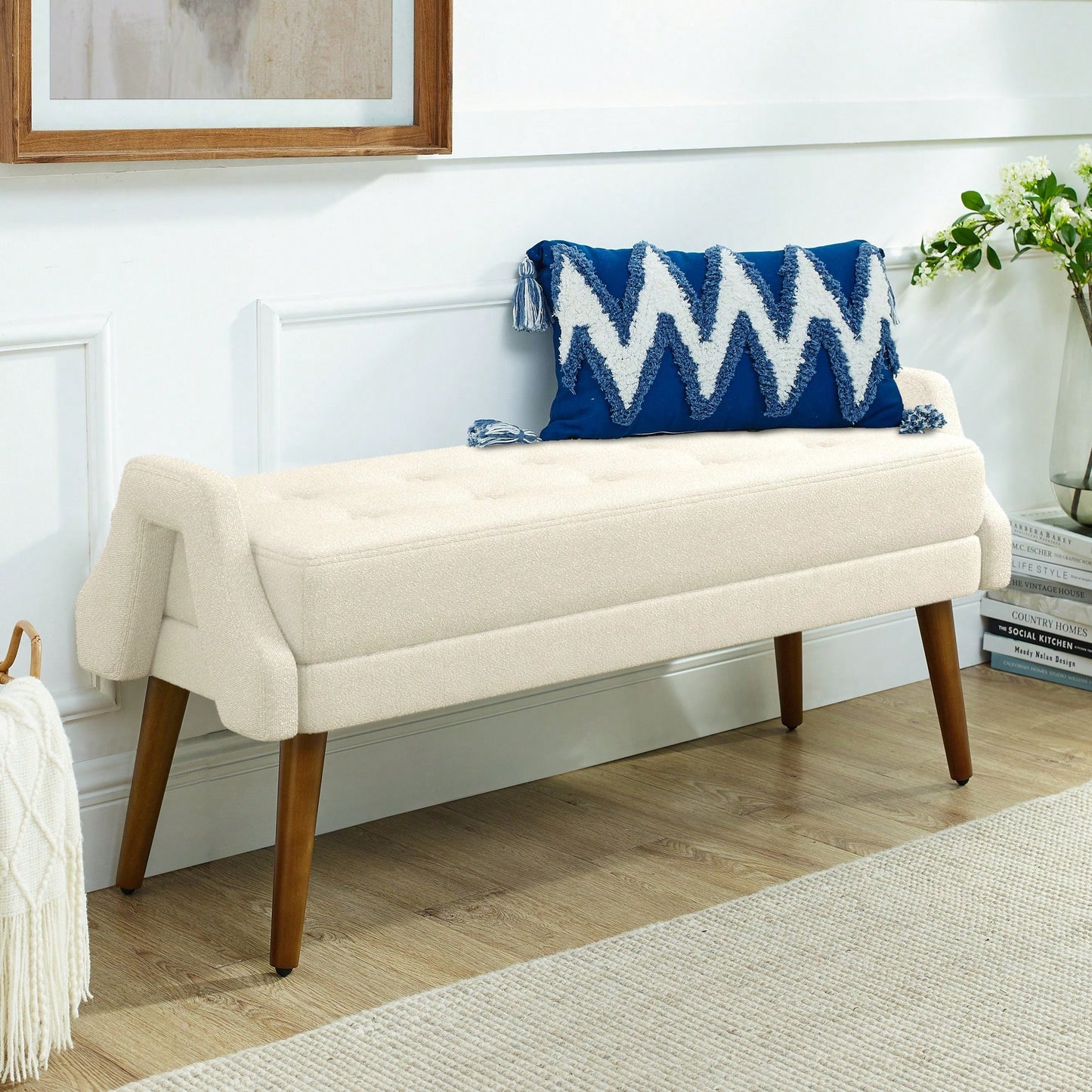 Contemporary Beige Living Room Bench with Soft Cushion, Unique Armrests, and Rubber Wood Legs for Living Rooms, Bedrooms, and Entrances